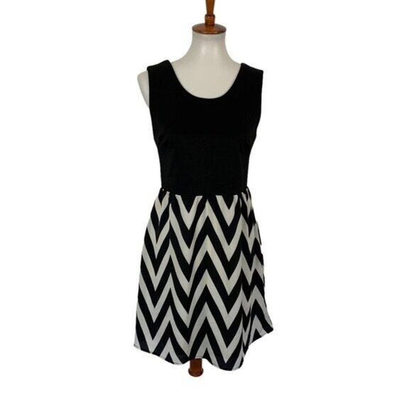 41 Hawthorn Black White Chevron Fit Flare Sleeveless Dress Medium Trendy Stylish - Picture 1 of 7